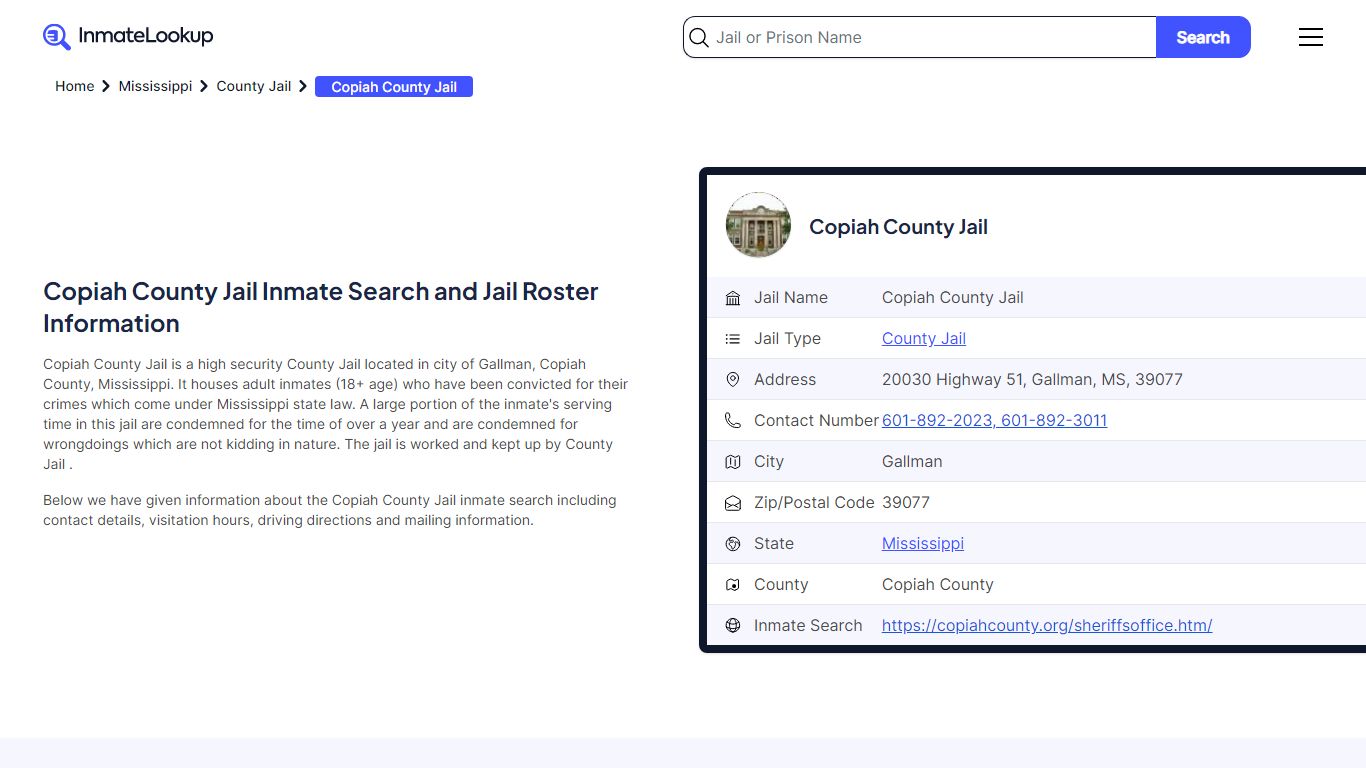 Copiah County Jail Inmate Search - Gallman Mississippi - Inmate Lookup
